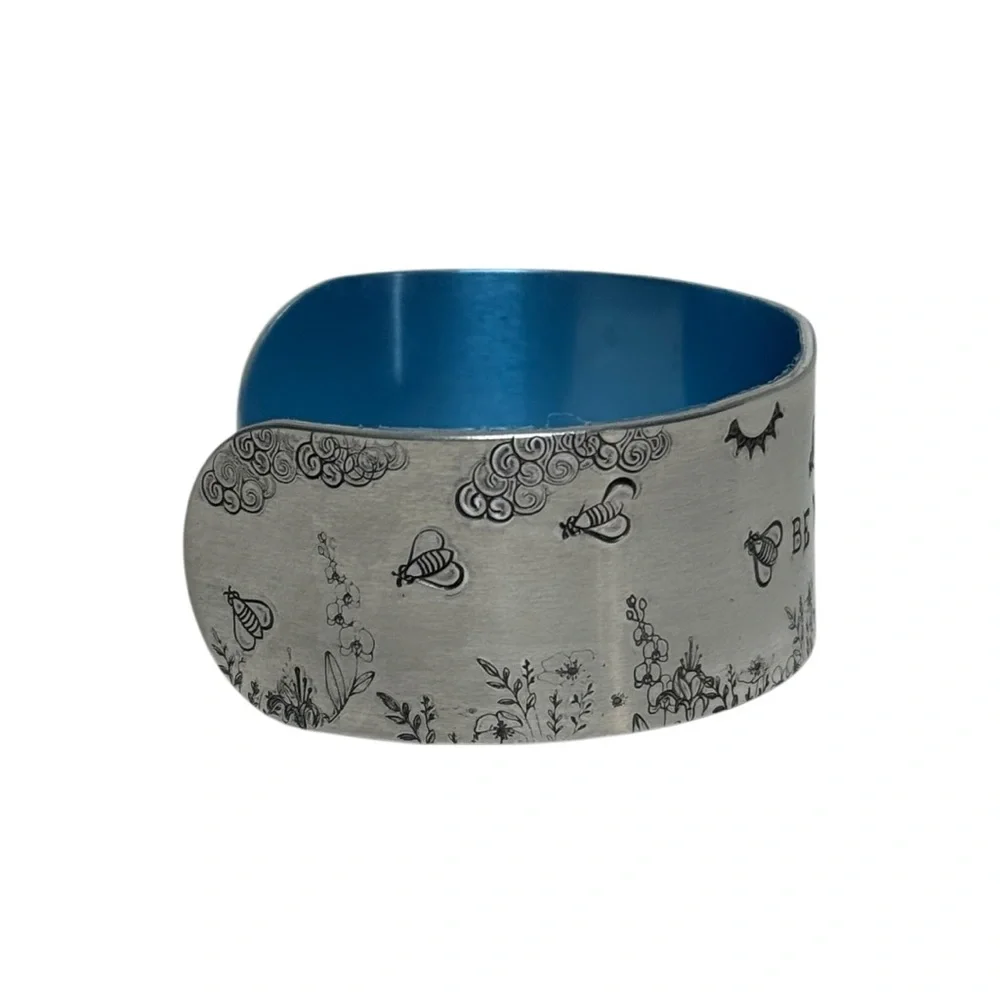 Handmade stamped Be You floral adjustable‎  hypoallergenic silver cuff bracelet